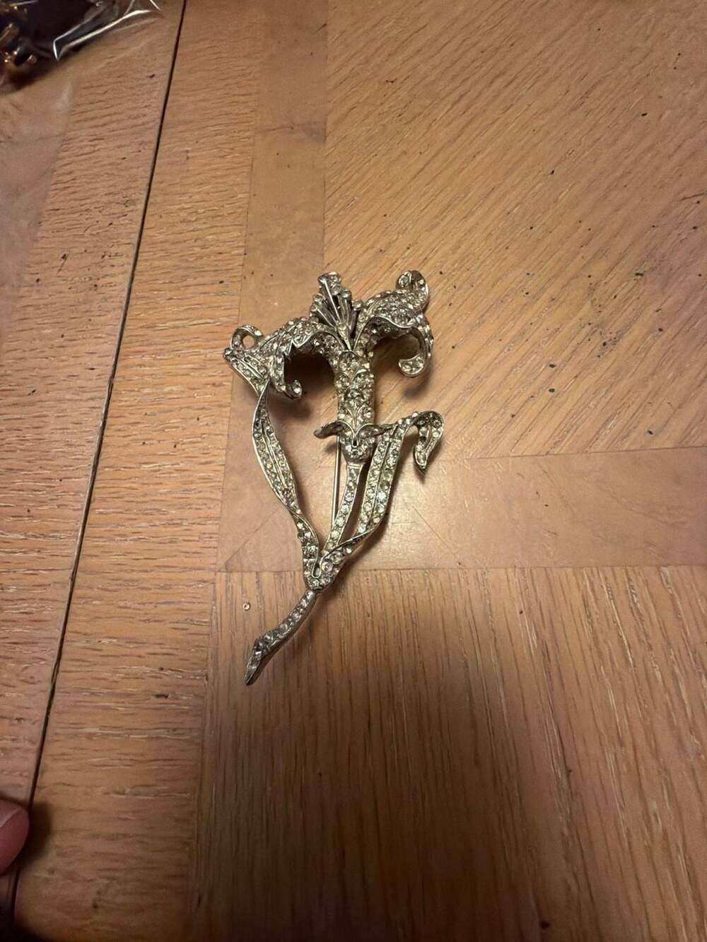 Vintage Silver Tone Rhinestone Encrusted Lily Flower Figural Brooch Pin
